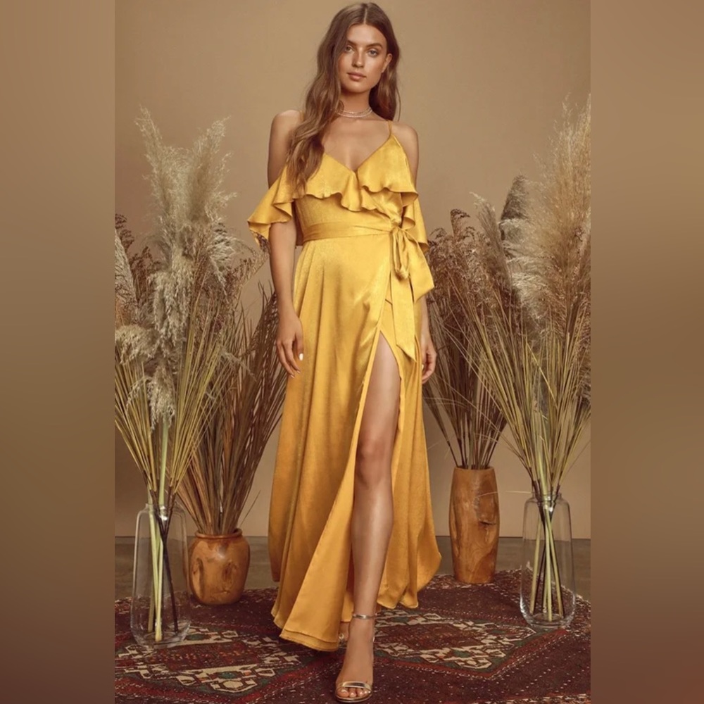 Moriah Mustard Yellow Satin Wrap Maxi Dress
